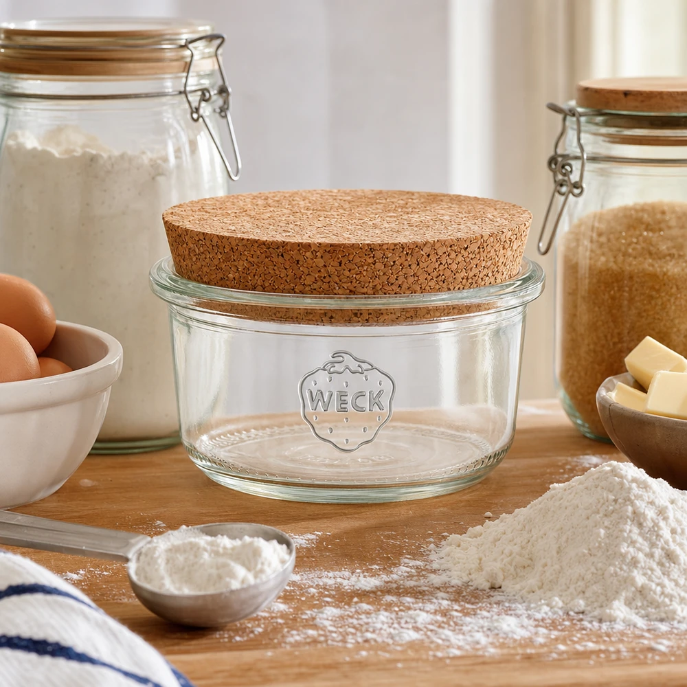 WECK Vorratsglas 165ml RR80 Korkdeckel Küche Backzutaten Mehl Eier Butter natürliche Aufbewahrung Küchenszene