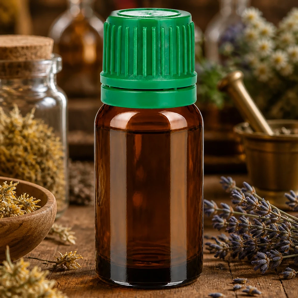 10ml lahvička 11mm šroubovací uzávěr zelený tamper evident BrownLine UT18/10 10ml Braunglasflasche mit ergonomischem grünem Verschluss für Labor und Aromatherapie-Anwendungen