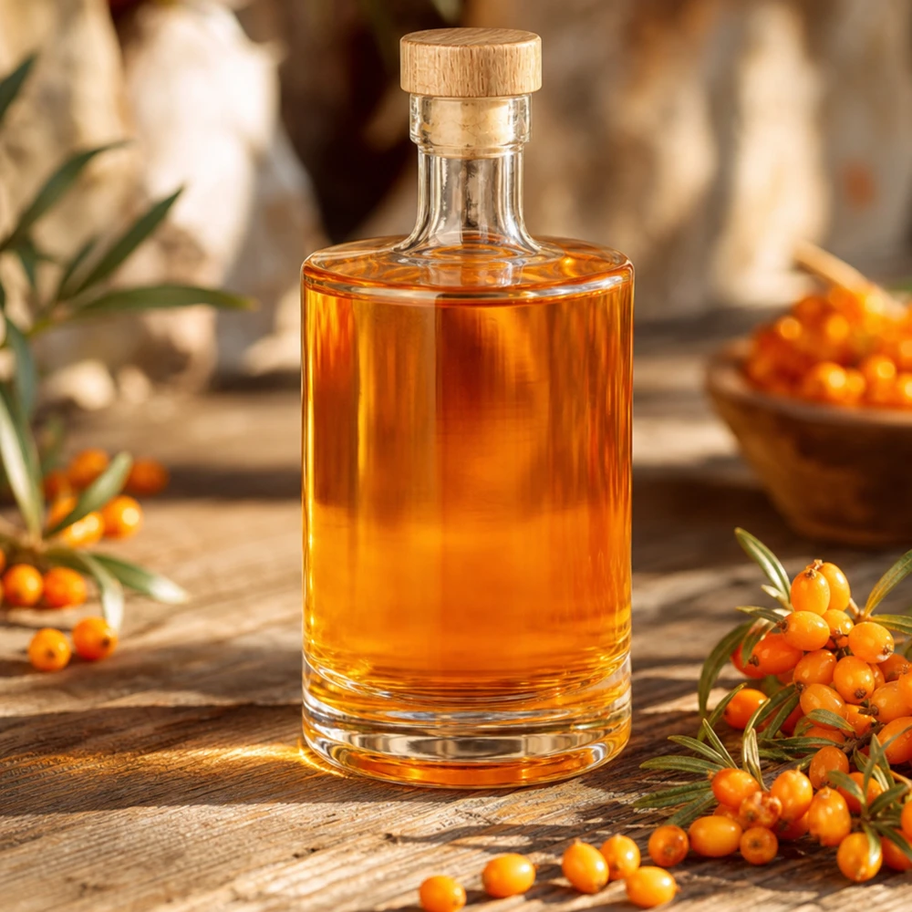 500ml Glasflasche Marie mit Sanddornlikör gefüllt - Holzkorken UNiTWIST - Dekorbild mit Sanddornbeeren