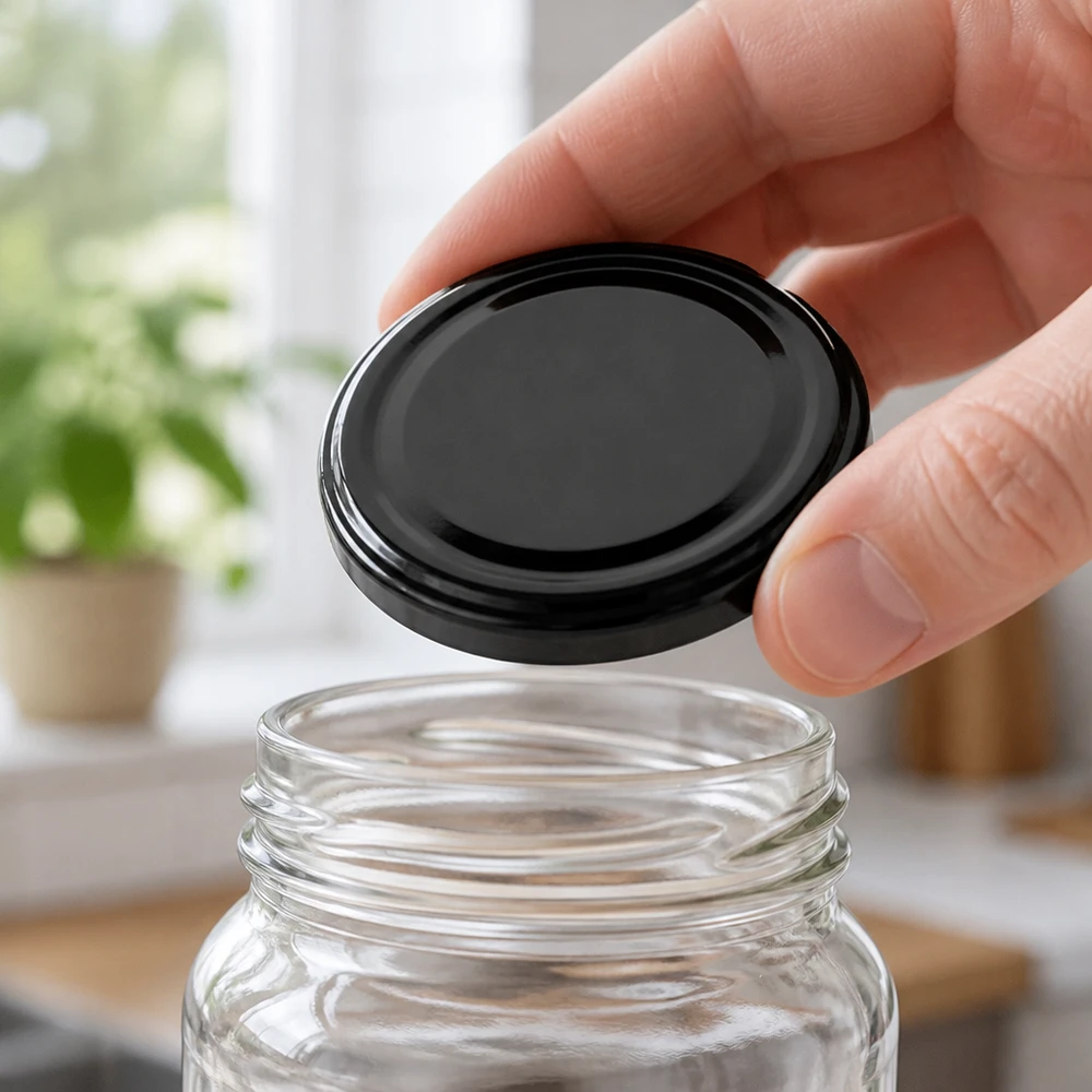 Černé víčko BasicSeal o průměru 43 mm (TO43) se nasadí na prázdnou zavařovací sklenici