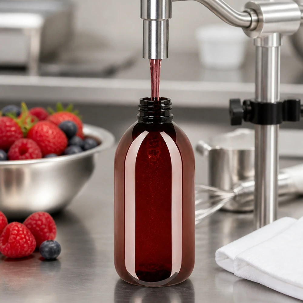 PET láhev 250ml s dávkovací pumpičkou bílá Robuste 250ml PET Flasche mit enger Öffnung beim Befüllvorgang mit rotem Fruchtkonzentrat