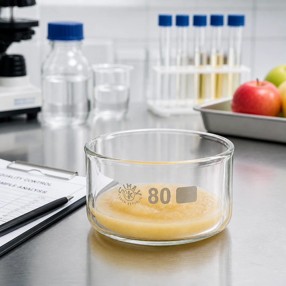Krystalizační miska 150ml bez výlevky borosilikátová ø80mm Niedrige zylindrische Glasschale SIMAX 80mm Durchmesser mit cremefarbener Substanz im Labor