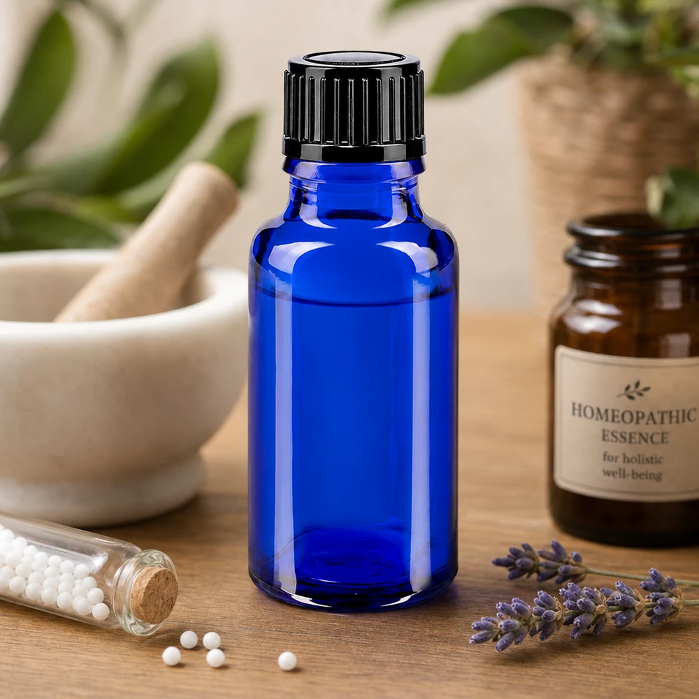 Lékárenská lahvička modrá 20ml kapací uzávěr standardní černý 1mm UV-Schutz Tropfflasche Blauglas 20ml STD mit schwarzem Verschluss für Homöopathie