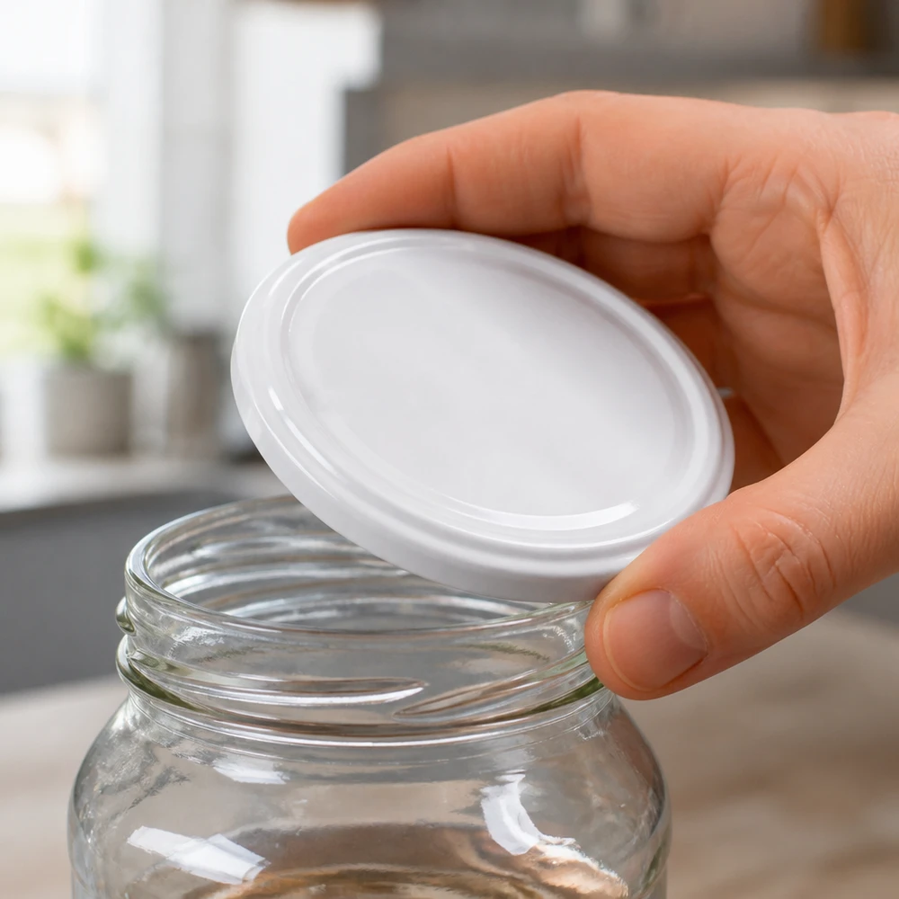 43mm víko BioSeal bílé (TO43) UNiTWIST Na prázdnou zavařovací sklenici se nasadí bílé víčko UNiTWIST TO43 s uzávěrem typu „twist-off“ značky BioSeal