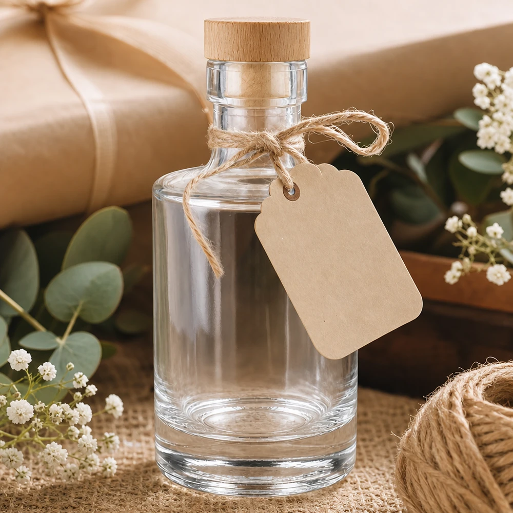 200ml Glasflasche Marie leer mit Holzkorken, Kraftpapier-Anhänger, Geschenkverpackung mit Eukalyptus und Schleierkraut
