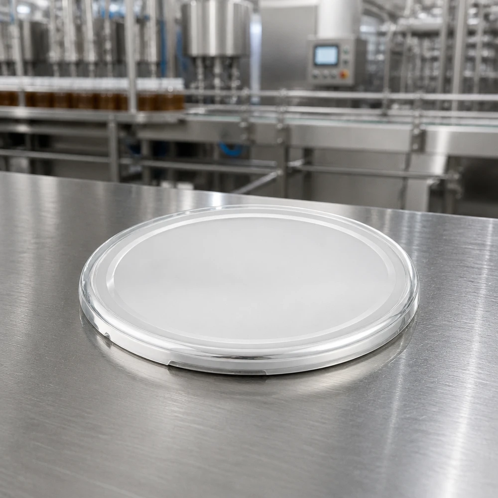 82mm víko BasicSeal bílé (TO82) UNiTWIST UNiTWIST BasicSeal víčko bílé 82 mm TO82 – detailní pohled na nerezový povrch v potravinářské výrobě