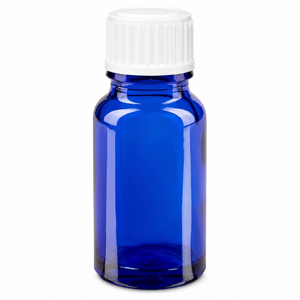 Lékárenská láhev modrá 10ml šroubovací uzávěr bílý standardní Blaues Apothekerfläschchen 10ml Glas für ätherische Öle und Medikamente
