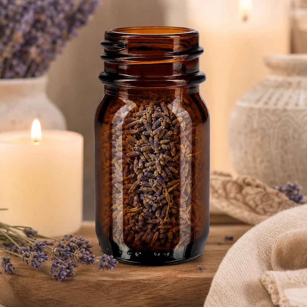30ml láhev se širokým hrdlem jantarové sklo s uzávěrem 30ml Braunglas Weithalsflasche mit weiter Öffnung für Wellness und Spa