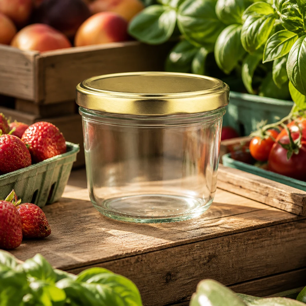 230ml tumblery s víčkem BasicSeal zlaté UNiTWIST. 230ml Sturzglas mit goldenem BasicSeal Deckel auf rustikalem Holzbrett umgeben von frischen Erdbeeren und Tomaten