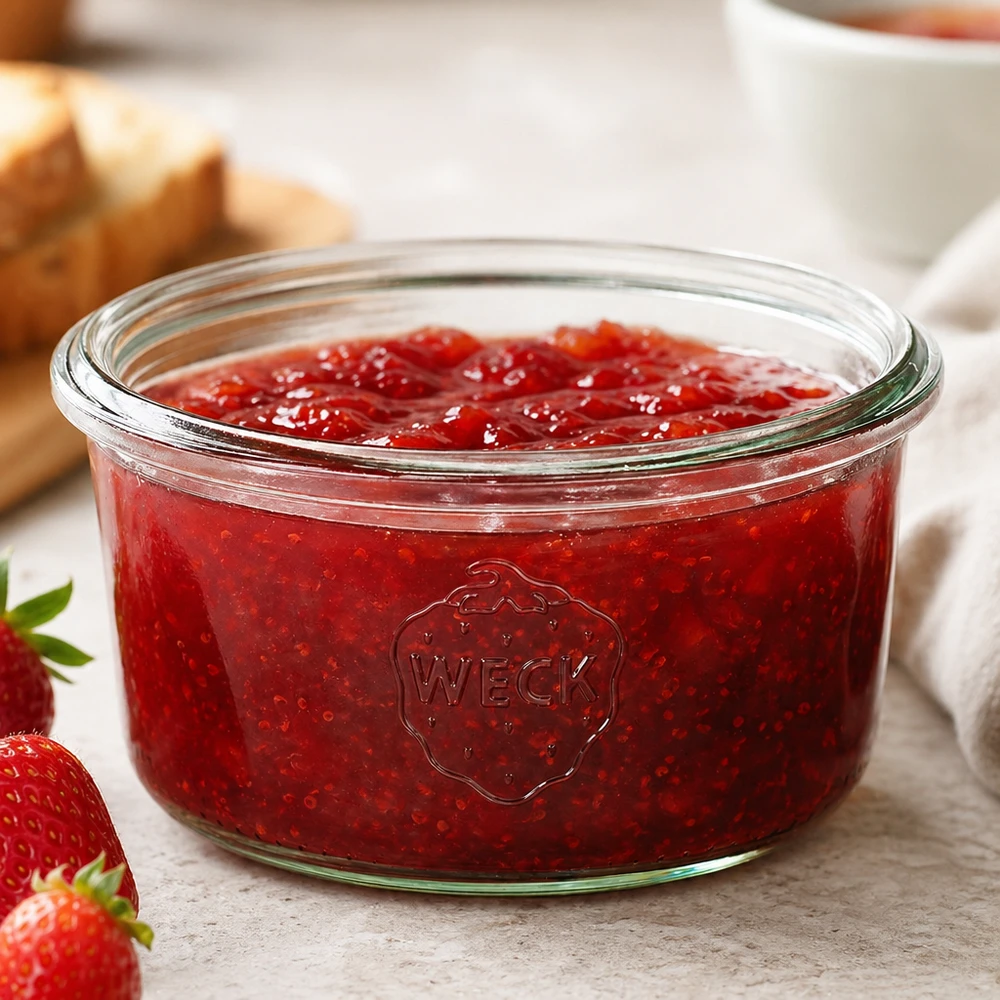 165ml tumble nádoba WECK RR80 se silikonovým silikonem. 165ml WECK Sturzglas RR80 mit roter Erdbeermarmelade gefüllt auf weißem Holztisch neben frischen Erdbeeren und Brot