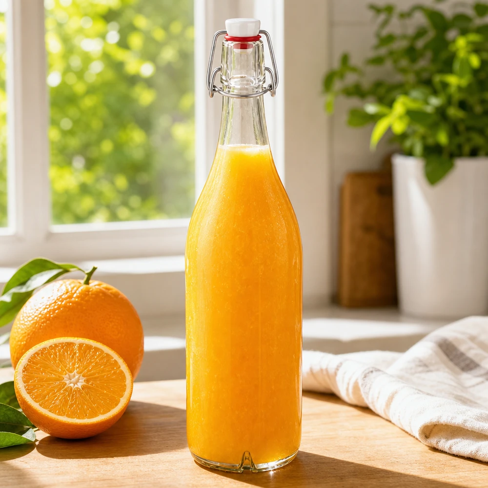 1000ml skleněná láhev + otočný vršek PVC UNiTWIST 1000ml Glasflasche Bügelverschluss PVC mit frischem Orangensaft gefüllt neben Orange auf Holzbrett Fensterbank