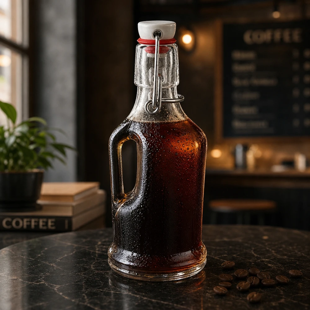 200ml Glasflasche Bertha mit dunklem Kaffee-Sirup befüllt, Bügelverschluss UNiTWIST, Coffeeshop-Atmosphäre