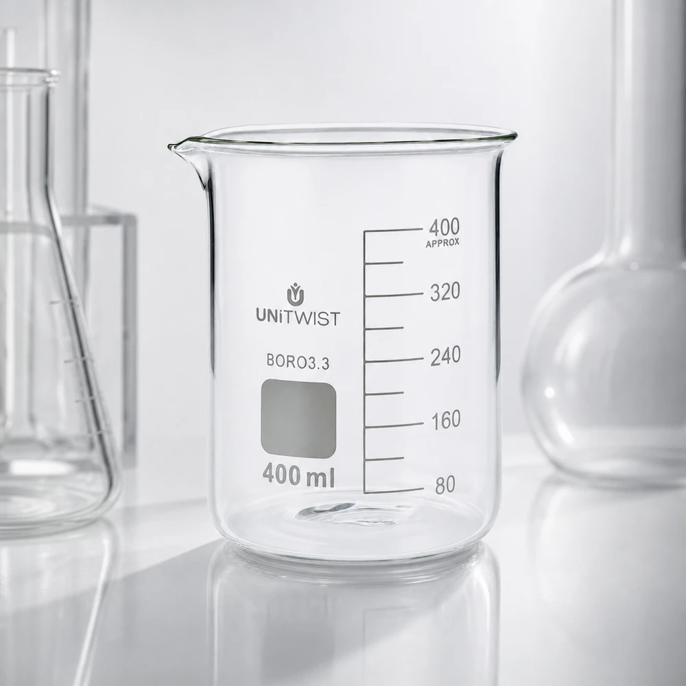 Kádinka 400 ml borosilikátová, nízká forma UNiTWIST Chemielabor Becherglas 400ml UNiTWIST BORO3.3 mit zylindrischer Form und stabilem Boden