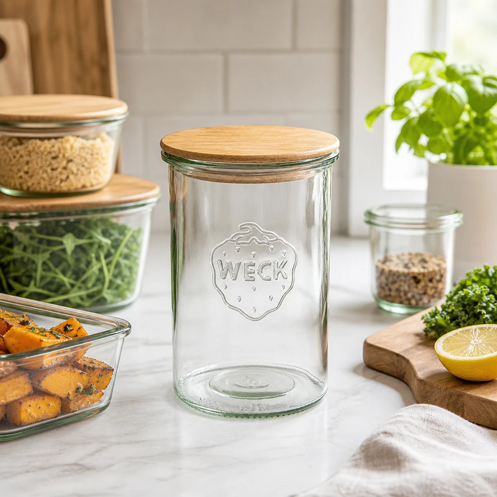 WECK Sturzglas 1000ml RR100 leer mit Holzdeckel in moderner Küchenszene mit Gemüse und anderen Vorratsgläsern