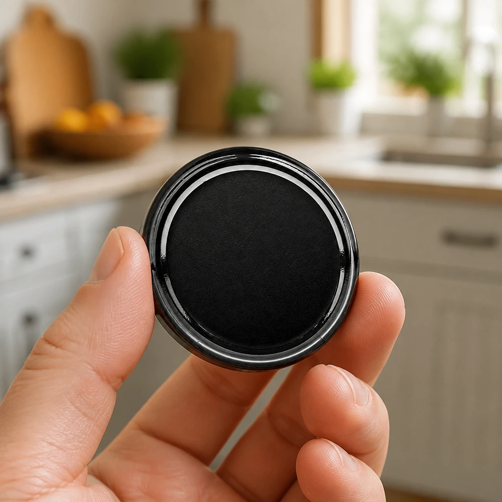 58mm víko BasicSeal černé (TO58) UNiTWIST 58mm černé víčko na zavařovací sklenice TO58 BasicSeal UNiTWIST držené v ruce v kuchyni