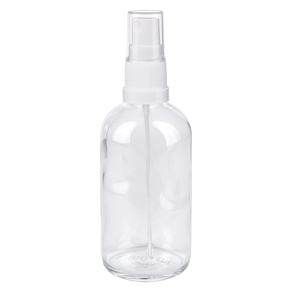 Klarglas Sprühflasche 100ml mit weißem Aufsatz UT18 für Flüssigkeiten