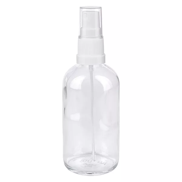 100ml lahvička s rozprašovačem bílá/průhledný standardní uzávěr ClearLine UT18/100 Klarglas Sprühflasche 100ml mit weißem Aufsatz UT18 für Flüssigkeiten