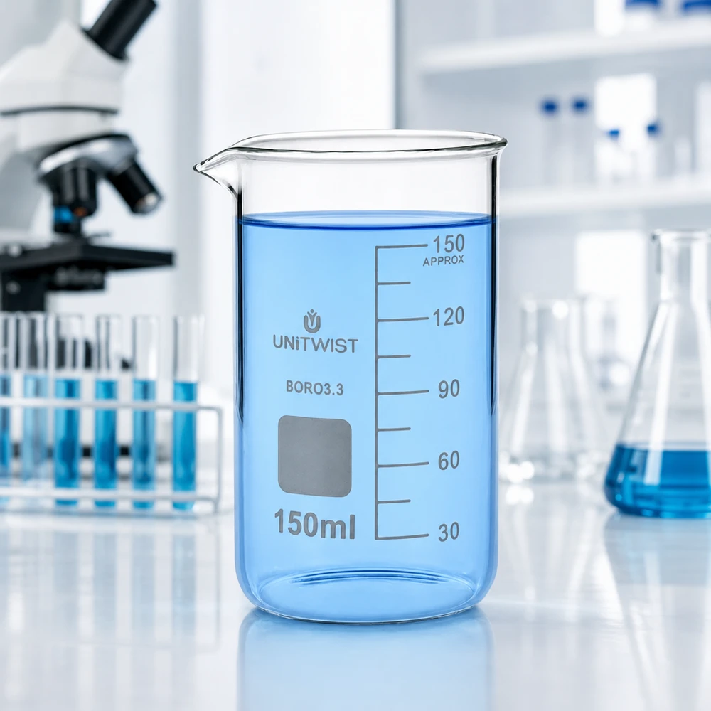 Kádinka 150ml borosilikátová, vysoká forma UNiTWIST UNITWIST Becherglas 150ml hohe Form Borosilikat mit Skala neben Mikroskop und Reagenzgläsern