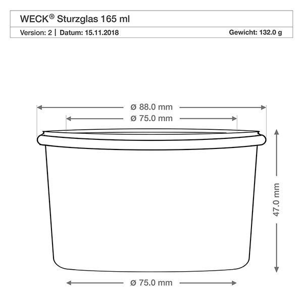 165ml pohárky WECK RR80 s korkem přírodní WECK Sturzglas 165ml RR80 technische Zeichnung Maße Abmessungen 88mm Durchmesser 47mm Höhe Produktspezifikation