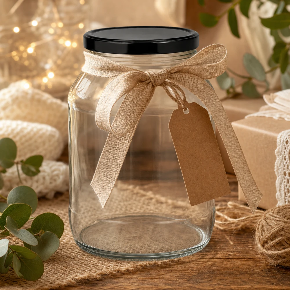2650ml kulatá sklenice s víčkem BasicSeal černá UNiTWIST Großes 2650ml Rundglas mit schwarzem Deckel als Geschenk dekoriert mit beiger Schleife und Anhänger in rustikaler Atmosp