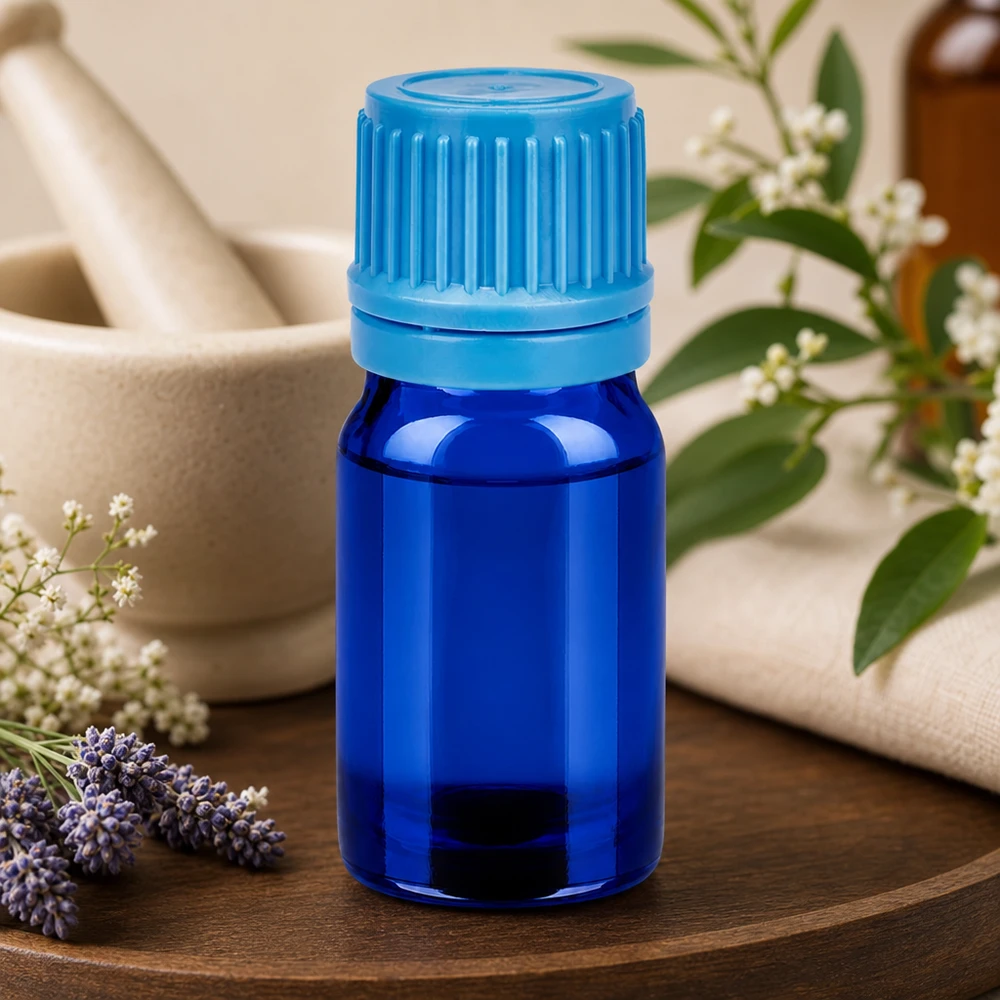 5ml lahvička 11mm šroubovací uzávěr modrý tamper-evidentní uzávěr BlueLine UT18/5 Premium 5ml blaue Glasflasche mit Schraubgewinde UT18 für pharmazeutische Kleinmengen