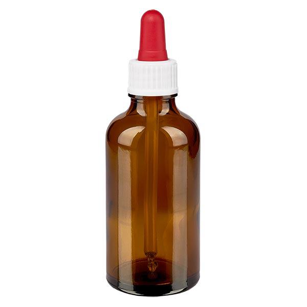 Lékárenská láhev hnědá 50ml pipeta bílá/červená standardní Lékárenská láhev hnědá 50ml pipeta bílá/červená standardní