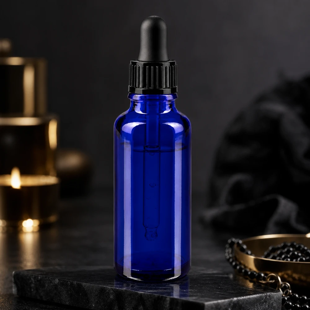 Lékárenská láhev modrá 30ml šroubovací uzávěr černá standardní Kleine blaue Glasflasche mit Dosierpipette schwarz auf Naturstein mit goldenen Dekoakzenten