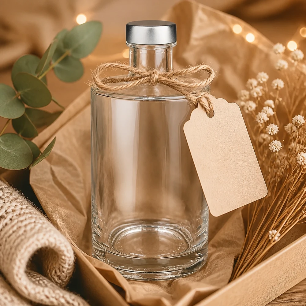 375ml Glasflasche "Sam" + Schraubverschluss silber UNiTWIST 375ml Glasflasche Sam dekorativ inszeniert mit Bastschleife und Geschenkanhänger in gemütlichem Wohnambiente