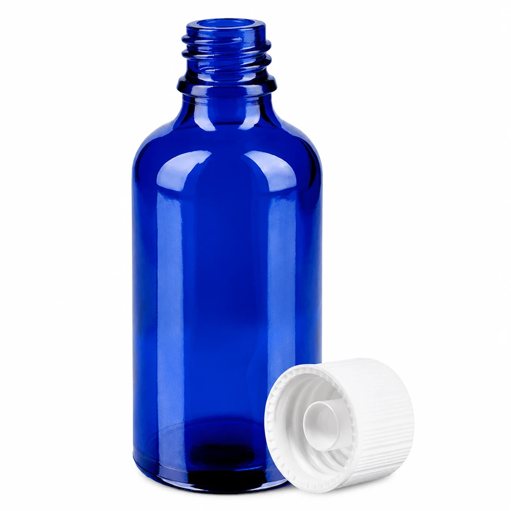 50ml láhev s 11mm šroubovacím uzávěrem bílá Standard BlueLine UT18/50 Handliche 50ml Flasche in Blau mit weissem Deckel perfekt für DIY-Kosmetik und Seren