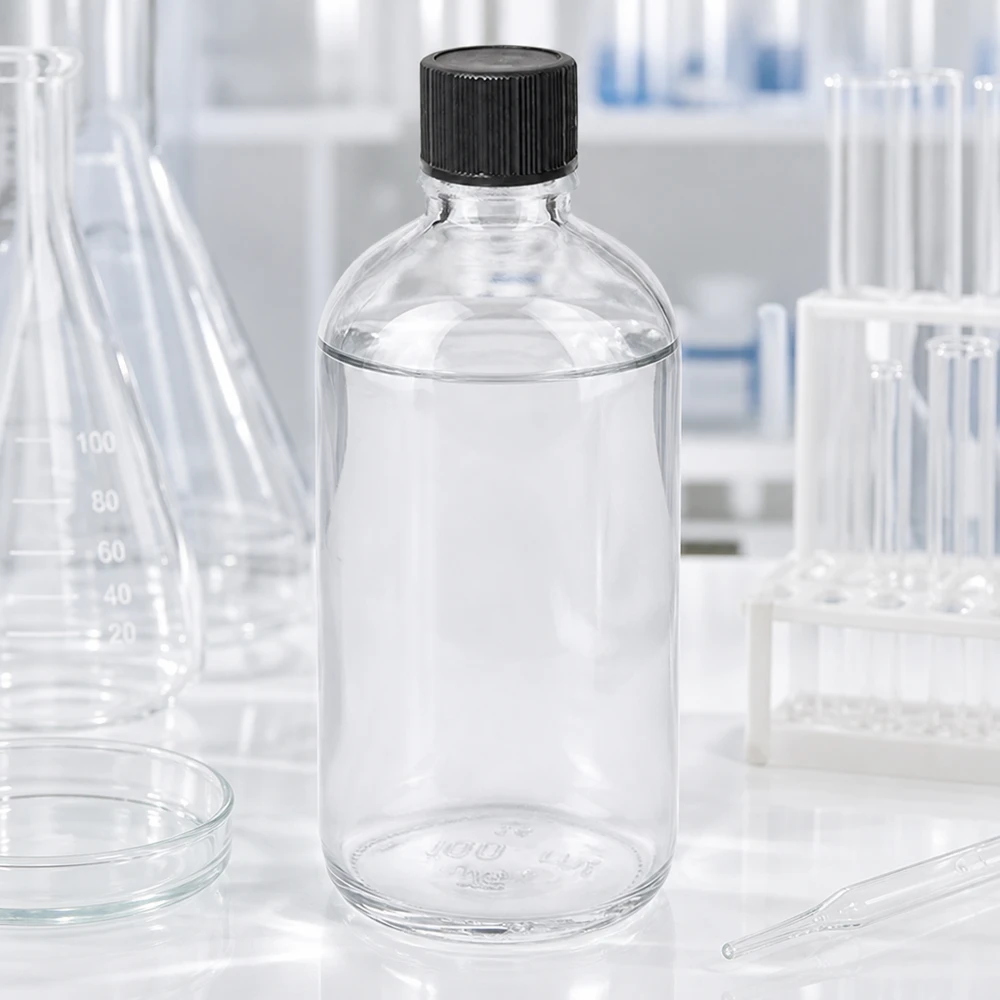 100ml kapátko lahvička 1mm černá standardní uzávěr ClearLine UT18/100 ClearLine UT18 Tropfflasche 100ml schwarzer Standardverschluss umgeben von Erlenmeyerkolben und Petrischalen
