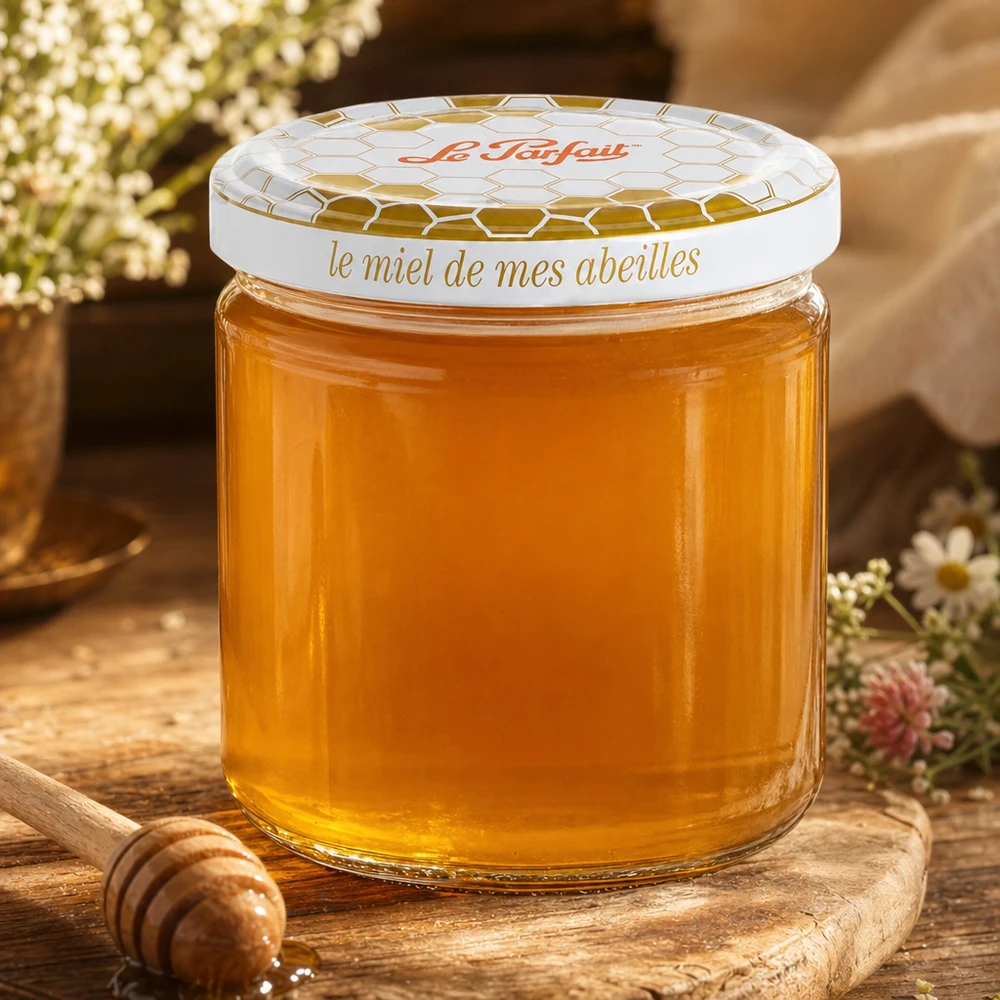 Le Parfait Honey Vorratsglas 212ml mit goldenem Honig gefüllt auf Holzbrett mit Honiglöffel und Blumen