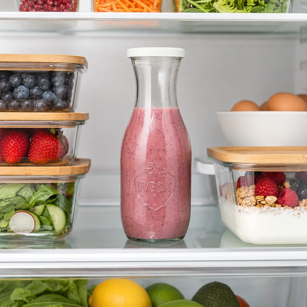 WECK Saftflasche 1062ml mit Beerensmoothie im Kühlschrank zwischen frischen Lebensmitteln und Vorratsbehältern