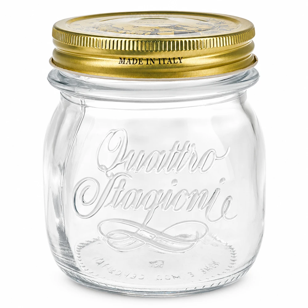 250ml kulatá dóza "Quattro Stagioni" s víčkem 250ml Rundglas Quattro Stagioni mit goldenem Deckel Made in Italy Einmachglas für Konservierung und Aufbewahrung