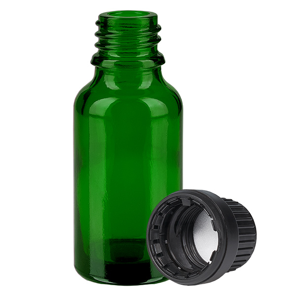 20ml láhev 11mm šroubovací uzávěr černý tamper evidentní uzávěr GreenLine UT18/20 20ml láhev 11mm šroubovací uzávěr černý tamper evidentní uzávěr GreenLine UT18/20