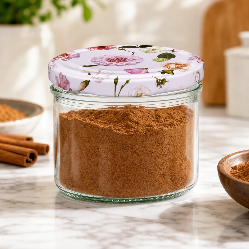 Vorratsglas 230ml mit rosa Blumendeckel gefüllt mit Zimt - Gewürzaufbewahrung in der Küche mit Zimtstangen