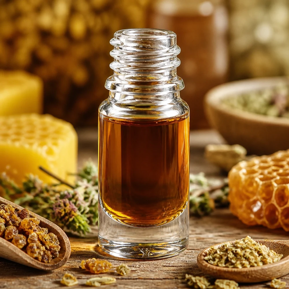 Čirá skleněná láhev 5ml DIN 18 5ml ApoGlas Apothekenflasche gefüllt mit goldener Essenz zwischen traditionellen Apotheker-Utensilien