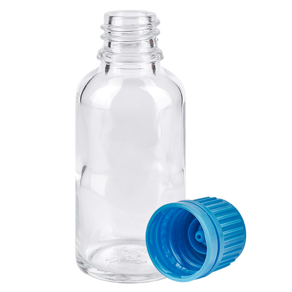 30ml láhev 11mm šroubovací uzávěr modrý uzávěr s ochranou proti manipulaci ClearLine UT18/30 30ml láhev 11mm šroubovací uzávěr modrý uzávěr s ochranou proti manipulaci ClearLine UT18/30