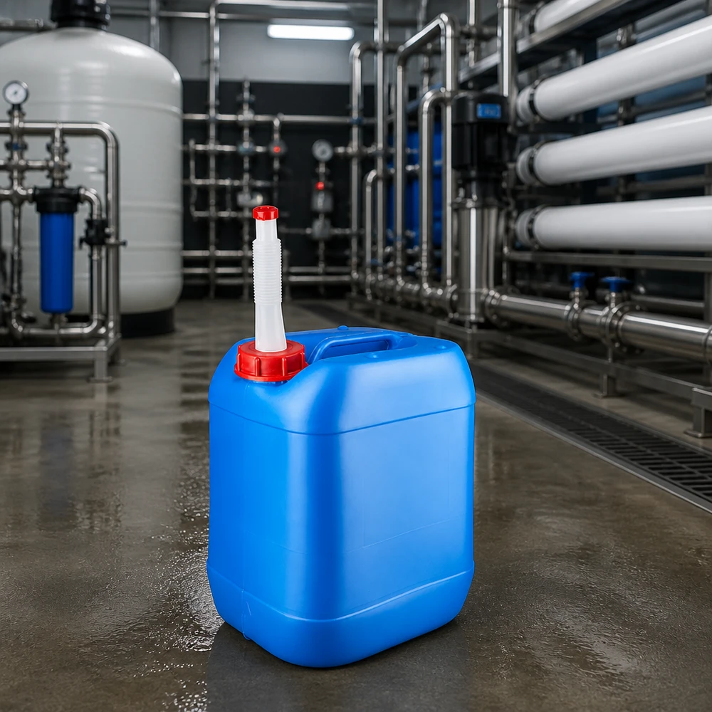 Kanystr 20 litrů modrý s výpustným potrubím Flex Robuster Vierkanttank 20 Liter blau mit weißem Flex-Auslaufrohr für Chemikalien