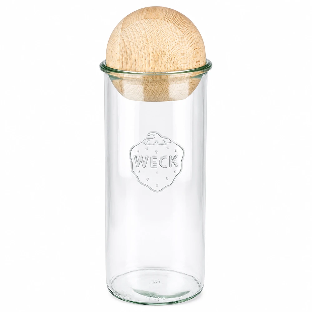 WECK Sturzglas 1500ml RR100 mit Holzkugel aus Buche als Deckel, transparentes Vorratsglas für Küche