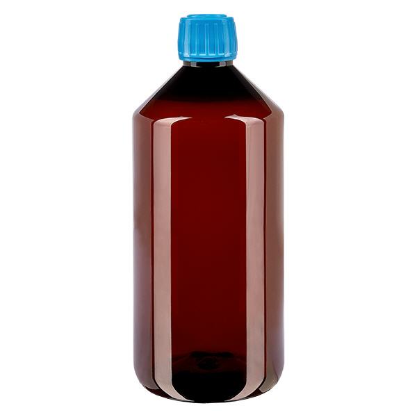 PET láhev 1000ml s modrým uzávěrem, který je odolný proti manipulaci. PET láhev 1000ml s modrým uzávěrem, který je odolný proti manipulaci.