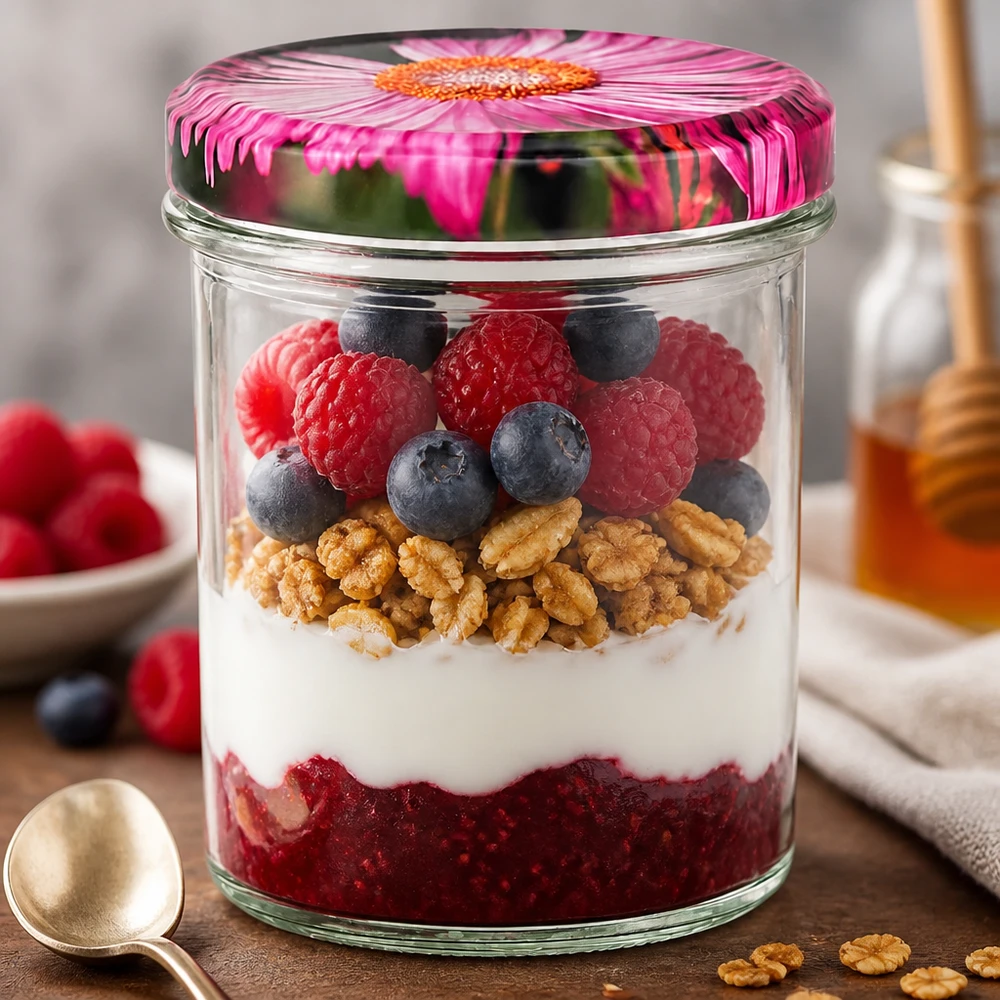 Sturzglas 350ml mit Gerbera-Deckel als Dessertglas mit Joghurt Beeren Nüssen Schichtdessert auf Holztisch