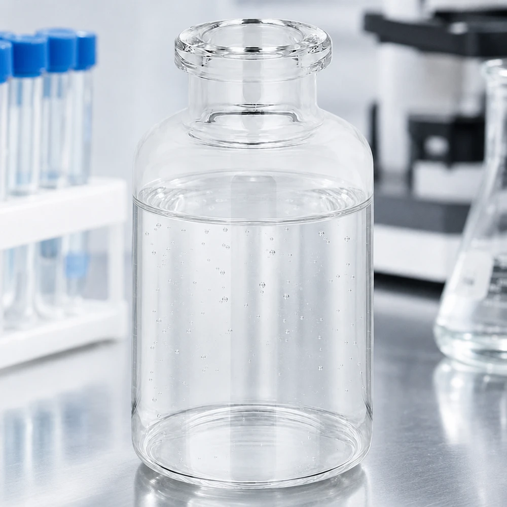 Glasbehälter 20ml für Injektionspräparate mit Mikroskop und Reagenzgläsern im Hintergrund