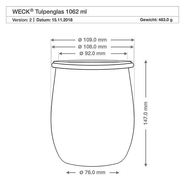 1062ml tulipánová sklenice WECK RR100 s korkem přírodní WECK Tulpenglas RR100 1062ml technische Zeichnung mit Maßangaben Durchmesser Höhe 147mm Gewicht 463g Spezifikation