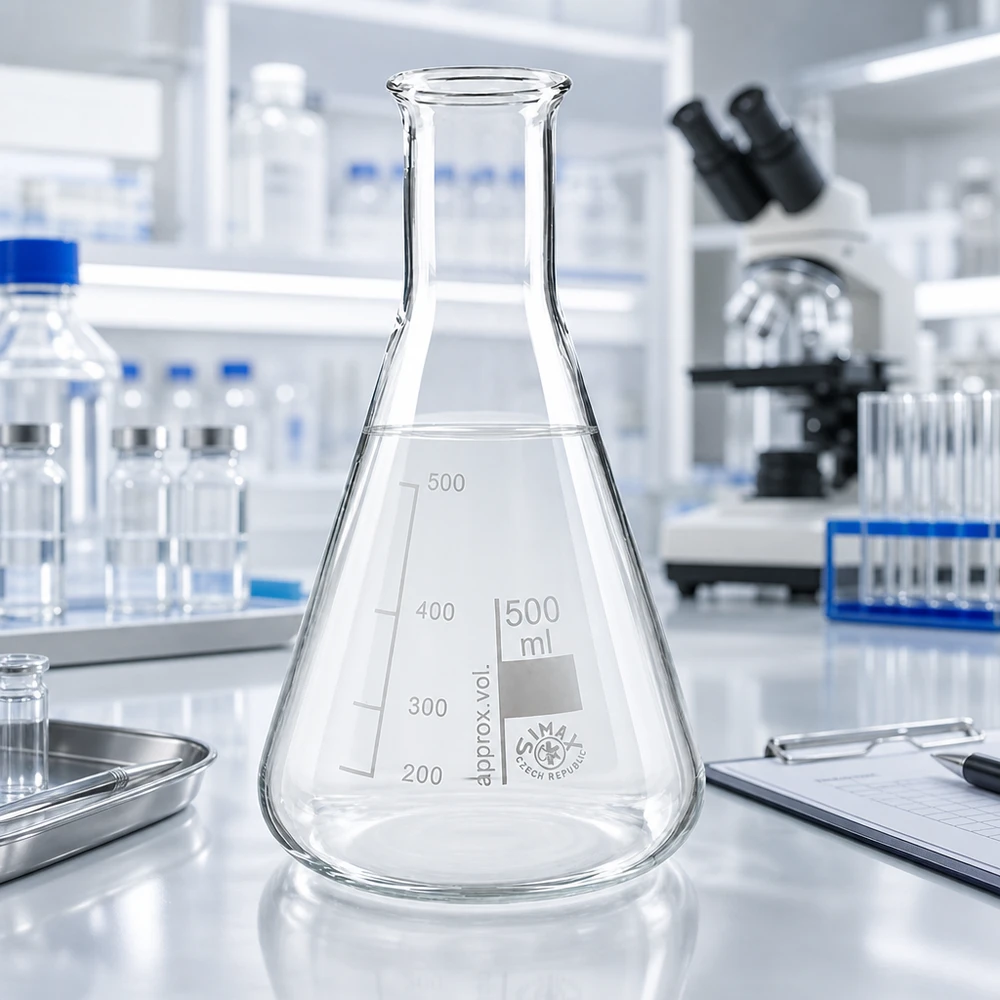 Erlenmeyerova baňka 500 ml s úzkým hrdlem Steriler Erlenmeyerkolben 500ml Enghals mit Skala für mikrobiologische Kultivierung