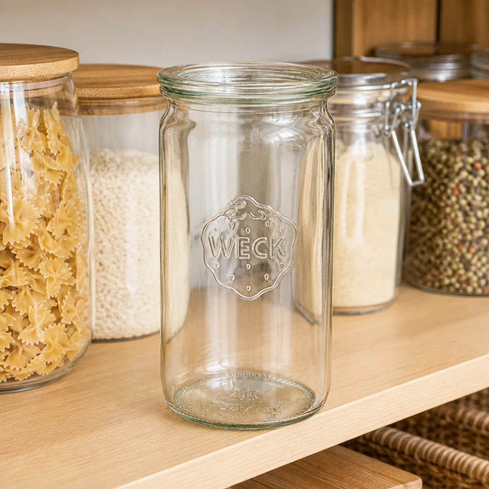 340ml cylindrická dóza se skleněným víčkem WECK RR60 WECK Zylinderglas 340ml RR60 leer in Vorratsregal neben gefüllten Gläsern mit Pasta und Gewürzen Küchenorganisation
