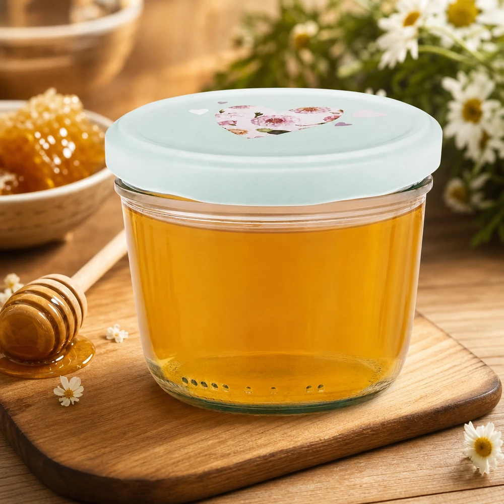 230ml kelímky + víčko BasicSeal srdíčková máta UNiTWIST Honig im 230ml Sturzglas mit BasicSeal Deckel Herz mint, Honigglas auf Holzbrett mit Honiglöffel und Blumen