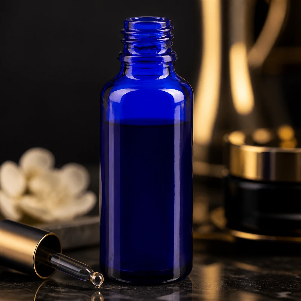 Lahvička s kapátkem 30ml DIN 18 BLAUGLAS Kobaltblaue 30ml Glasflasche ApoGlas neben goldener Kosmetikverpackung und weißer Blüte