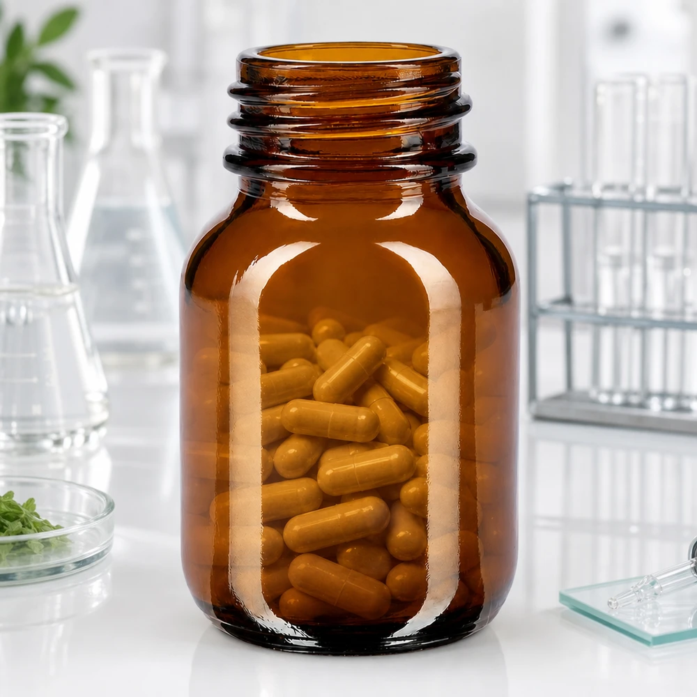 50ml láhev se širokým hrdlem jantarové sklo se šroubovacím uzávěrem Lichtschutzflasche 50ml Braunglas mit großer Einfüllöffnung für Nahrungsergänzungsmittel