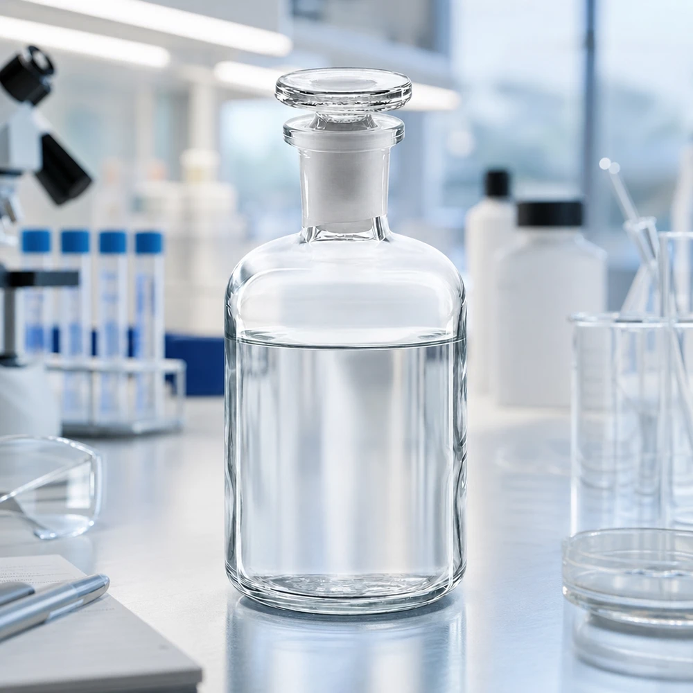 Láhev s kulatým ramenem 100ml čirá skleněná zátka s úzkým hrdlem Transparente Glasflasche 100ml schlanker Hals mit flachem Glasstopfen professionelle Laborausrüstung