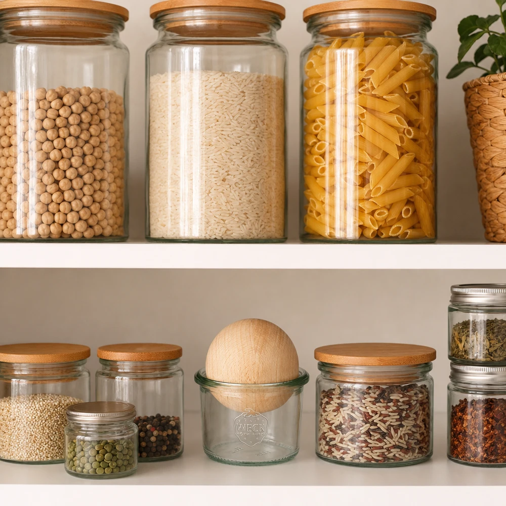 80ml kelímky WECK RR60 s dřevěnou kuličkou buk WECK Sturzglas 80ml RR60 mit Holzkugel in organisierter Vorratskammer zwischen Pasta, Reis und Gewürzen